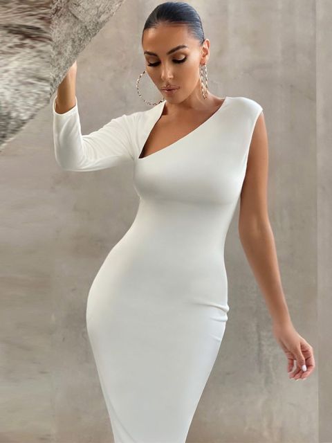 One Shoulder Midi White Bandage Dress Bodycon Women Sexy Party Dress Evening Outfits