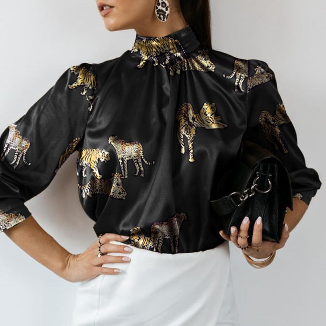 Celmia Women Satin Blouse Summer Long Sleeve Shirt Tunic 2022 Stand Collar Tiger Print Elegant Party Top Casual Blusas Femininas